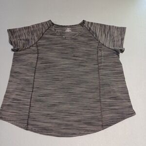 Tek Gear DryTek Womens 2X Active T-Shirt V-Neck Striped Black White Raglan Sleev